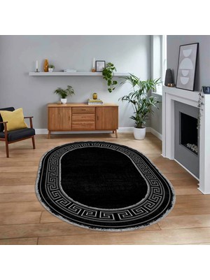 Viyana Home Dijital Kaymaz Taban Yıkanabilir Oval Çerçeveli Mutfak Salon Halısı, V-O-Çerçeveli-09-Siyah,