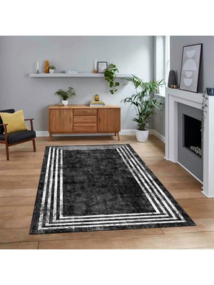 Viyana Home Dijital Baskılı Kaymaz Taban Yıkanabilir Çerçeveli Mutfak Salon Halısı, V-Çerçeveli-06-Siyah,