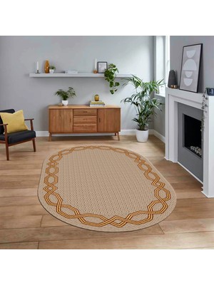 Viyana Home Dijital Kaymaz Taban Yıkanabilir Oval Çerçeveli Mutfak Salon Halısı, V-O-Çerçeveli-49-Bej,