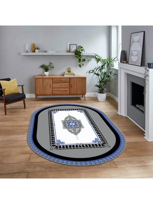Viyana Home Dijital Kaymaz Taban Yıkanabilir Oval Çerçeveli Mutfak Salon Halısı, V-O-Çerçeveli-23-Mavi,