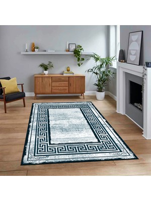 Viyana Home Dijital Baskılı Kaymaz Taban Yıkanabilir Çerçeveli Mutfak Salon Halısı, V-Çerçeveli-09-Turkuaz,