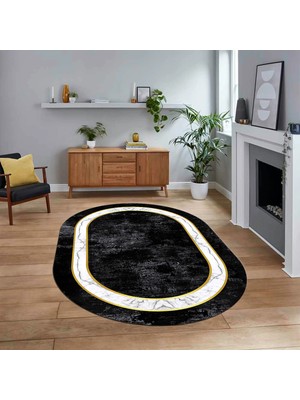 Viyana Home Dijital Kaymaz Taban Yıkanabilir Oval Çerçeveli Mutfak Salon Halısı, V-O-Çerçeveli-18-Antrasit,