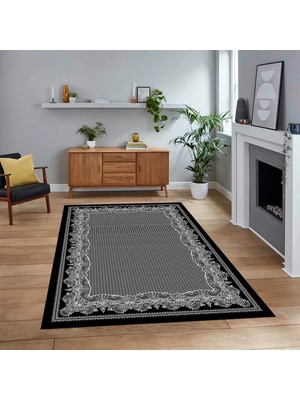 Viyana Home Dijital Baskılı Kaymaz Taban Yıkanabilir Çerçeveli Mutfak Salon Halısı, V-Çerçeveli-34-Siyah,
