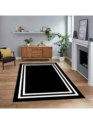 Viyana Home Dijital Baskılı Kaymaz Taban Yıkanabilir Çerçeveli Mutfak Salon Halısı, V-Çerçeveli-38-Siyah,