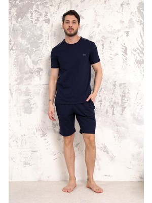 D'S Damat Maschio Lacivert Pamuk Şort Takım Erkek Regular Fit Yumuşak Dokulu Desen