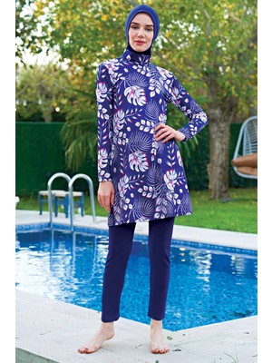 Ruko Mayo Mirates Büyük Beden Lacivert Çiçek Desenli  Micro (Çabuk Kuruyan) Kumaş Tesettür Mayo