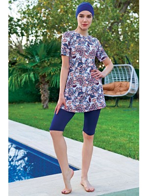 Ruko Mayo Mirates Büyük Beden Lacivert Çiçek Desenli Yarım Kol Micro(Çabuk Kuruyan)Kumaş Yarı Tesettür Mayo