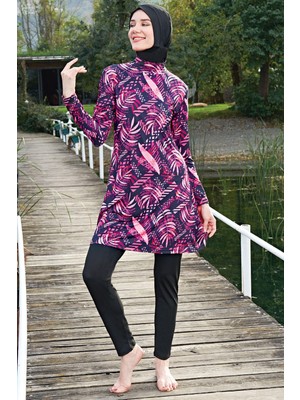 Ruko Mayo Mirates Mor Çiçek Desenli  Micro(Çabuk Kuruyan)Kumaş Tesettür Mayo