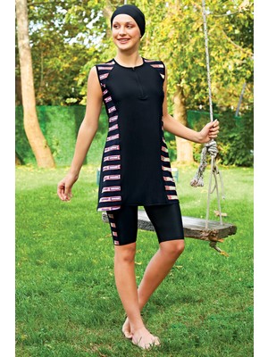 Ruko Mayo Siyah Desenli O Kol Lycra(Su Itici ve Çabuk Kuruyan)Kumaş Tesettür Mayo