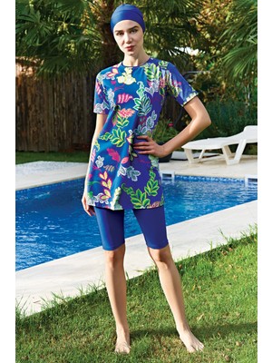 Ruko Mayo Mavi  Çiçek Desenli Yarım Kol Lycra(Su Itici ve Çabuk Kuruyan) Kumaş Yarı Tesettür Mayo