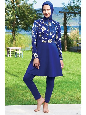 Ruko Mayo Lacivert Desenli Fermuarlı Reglan Kol Lycra(Su Itici ve Çabuk Kuruyan)Kumaş Tesettür Mayo