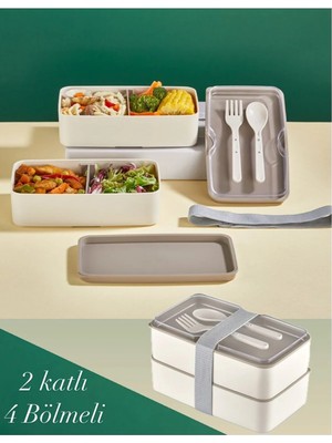 Bayev 2 Katlı Krem Çatal Kaşıklı Saklama Kabı 1003 Lunch Box - Beslenme Bölmeli Yemek Kutusu
