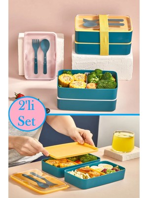 Bayev 2 Katlı Çatal Kaşıklı Beslenme Kabı 1003 Bölmeli Yemek Kabı Saklama Kutusu Lunch Box