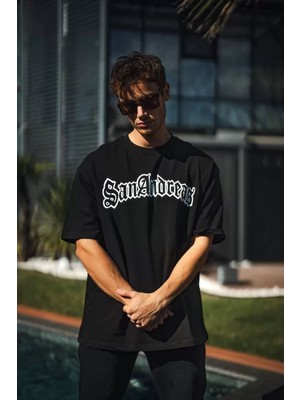 Tarz Yeri Bisiklet Yaka Baskılı Oversize T-Shirt - Siyah