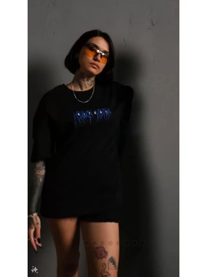 Stock Mount Unisex Bisiklet Yaka Baskılı Oversize T-Shirt - Siyah