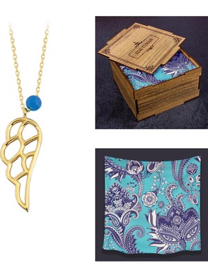 Ejoya Kişiye Özel Kutusunda Fular Hediyeli 14 Ayar Altın Melek Kanadı Taşlı Kolye 84496