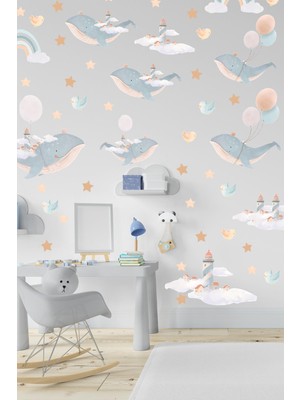 Msticker Sevimli Balinalar Deniz Feneri Kuşlar ve Yıldızlar Çocuk Bebek Odası Dekorasyon Sticker Seti