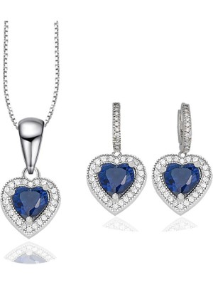 Brezza Lusso Diamond  Model Lusso Elegant Sapphire Heart Kadın Kolye Küpe Seti