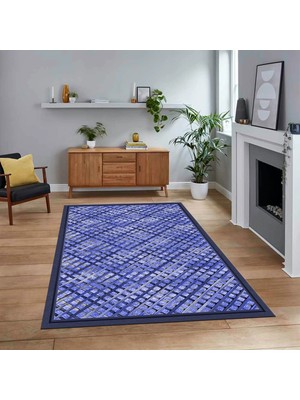 Viyana Home Dijital Baskılı Kaymaz Taban Yıkanabilir Jüt-Hasır Desen Mutfak Salon Halısı, V-Jüt-16-Mavi,