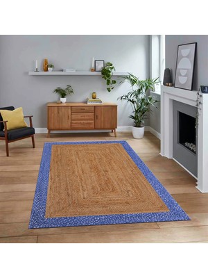 Viyana Home Dijital Baskılı Kaymaz Taban Yıkanabilir Jüt-Hasır Desen Mutfak Salon Halısı, V-Jüt-17-Mavi,