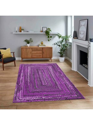 Viyana Home Dijital Baskılı Kaymaz Taban Yıkanabilir Jüt-Hasır Desen Mutfak Salon Halısı, V-Jüt-05-Mor,