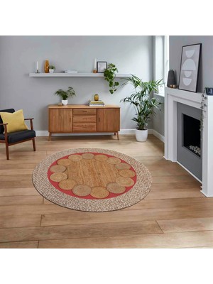 Viyana Home Dijital Baskılı Kaymaz Yıkanabilir Yuvarlak Jüt-Hasır Desen Mutfak Salon Halısı, V-Y-Jüt-10-Kırmızı,