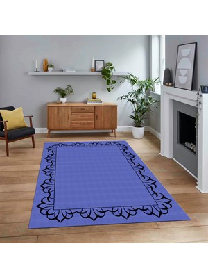 Viyana Home Dijital Baskılı Kaymaz Taban Yıkanabilir Jüt-Hasır Desen Mutfak Salon Halısı, V-Jüt-18-Mavi,