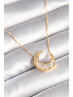 Stil Love 316L Çelik Gold Renk Beyaz Sedefli Hilal Model Kadın Kolye
