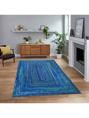 Viyana Home Dijital Baskılı Kaymaz Taban Yıkanabilir Jüt-Hasır Desen Mutfak Salon Halısı, V-Jüt-05-Mavi,