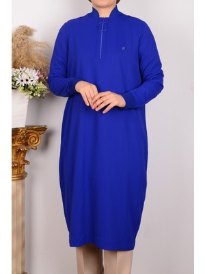 Armine 24YT436 Saks Kadın Ribanalı Yarı Fermuarlı Krep Kumaşlı Rahat Kesim %100 Polyester Tunik