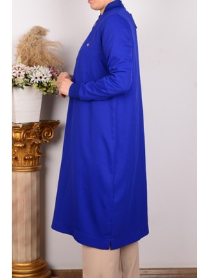 Armine 24YT436 Saks Kadın Ribanalı Yarı Fermuarlı Krep Kumaşlı Rahat Kesim %100 Polyester Tunik