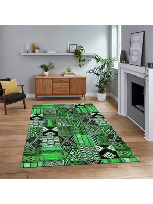 Viyana Home Dijital Baskılı Kaymaz Taban Yıkanabilir Patchwork Yolluk Salon Halısı, V-Patchwork-06-Yeşil,