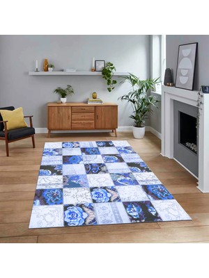 Viyana Home Dijital Baskılı Kaymaz Taban Yıkanabilir Patchwork Yolluk Salon Halısı, V-Patchwork-19-Mavi,