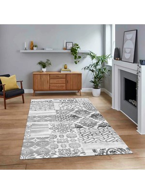 Viyana Home Dijital Baskılı Kaymaz Taban Yıkanabilir Patchwork Yolluk Salon Halısı, V-Patchwork-02-Gri,
