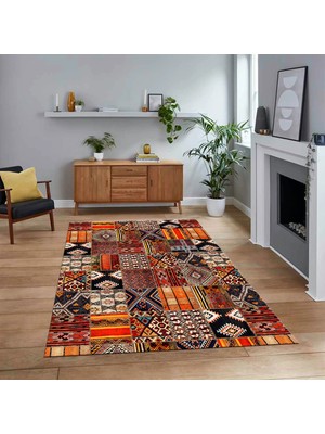 Viyana Home Dijital Baskılı Kaymaz Taban Yıkanabilir Patchwork Yolluk Salon Halısı, V-Patchwork-06-Renkli,