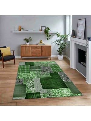 Viyana Home Dijital Baskılı Kaymaz Taban Yıkanabilir Patchwork Yolluk Salon Halısı, V-Patchwork-15-Yeşil,