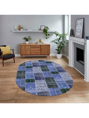 Viyana Home Dijital Baskılı Kaymaz Yıkanabilir Oval Patchwork Yolluk Salon Halısı, V-O-Patchwork-07-Mavi,
