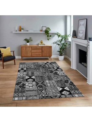Viyana Home Dijital Baskılı Kaymaz Taban Yıkanabilir Patchwork Yolluk Salon Halısı, V-Patchwork-06-Gri,