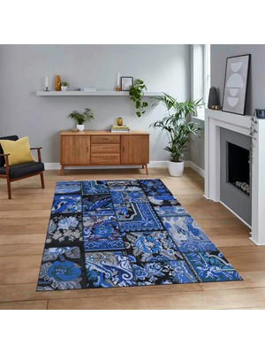 Viyana Home Dijital Baskılı Kaymaz Taban Yıkanabilir Patchwork Yolluk Salon Halısı, V-Patchwork-12-Mavi,