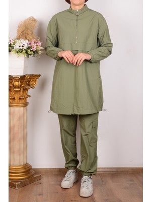 Armine 24YT617 Yeşil Kadın Paraşüt Kumaşlı Belden Lastikli Yarı Fermuarlı Pantolonlu Takım