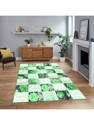 Viyana Home Dijital Baskılı Kaymaz Taban Yıkanabilir Patchwork Yolluk Salon Halısı, V-Patchwork-19-Yeşil,
