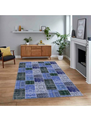 Viyana Home Dijital Baskılı Kaymaz Taban Yıkanabilir Patchwork Yolluk Salon Halısı, V-Patchwork-07-Mavi,