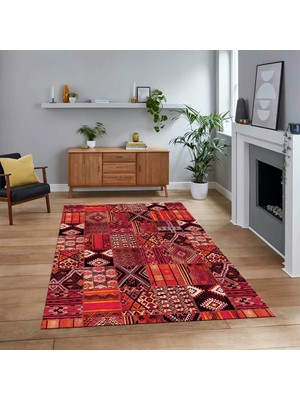 Viyana Home Dijital Baskılı Kaymaz Taban Yıkanabilir Patchwork Yolluk Salon Halısı, V-Patchwork-06-Kırmızı,