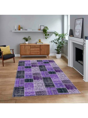 Viyana Home Dijital Baskılı Kaymaz Taban Yıkanabilir Patchwork Yolluk Salon Halısı, V-Patchwork-07-Mor,