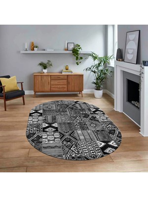 Viyana Home Dijital Baskılı Kaymaz Yıkanabilir Oval Patchwork Yolluk Salon Halısı, V-O-Patchwork-06-Gri,