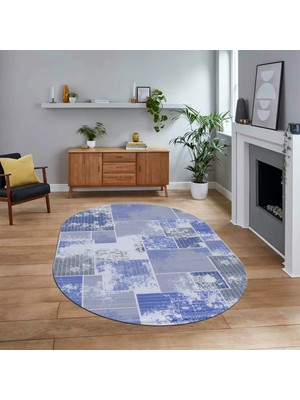 Viyana Home Dijital Baskılı Kaymaz Yıkanabilir Oval Patchwork Yolluk Salon Halısı, V-O-Patchwork-20-Mavi,