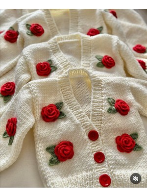 Şifa Atelier El Örgüsü Kırmızı Güllü Bebek Hırka