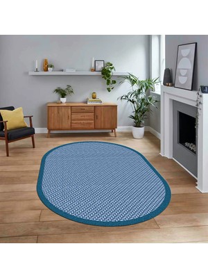 Viyana Home Dijital Baskılı Kaymaz Yıkanabilir Oval Jüt-Hasır Desen Mutfak Salon Halısı, V-O-Jüt-03-Mavi,