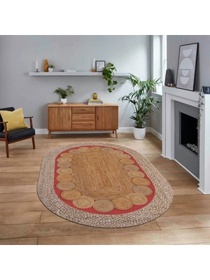 Viyana Home Dijital Baskılı Kaymaz Yıkanabilir Oval Jüt-Hasır Desen Mutfak Salon Halısı, V-O-Jüt-10-Kırmızı,
