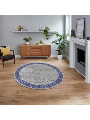 Viyana Home Dijital Baskılı Kaymaz Yıkanabilir Yuvarlak Jüt-Hasır Desen Mutfak Salon Halısı,v-Y-Jüt-09-Lacivert,